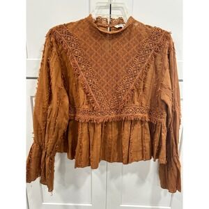 Rocks Indigo Brown Crocheted Lace Peplum Bell Sleeve Boho Blouse XS